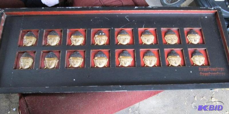 lot 439 image: Carved wood Buddah head wall dcor, 54 x 21 in...