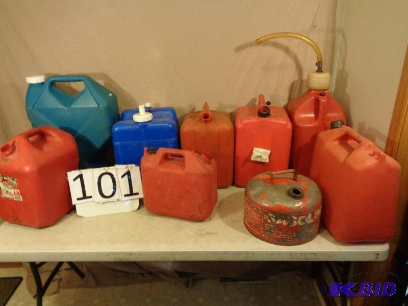 lot 101 image: Lot of Assorted Gas Cans and Utility Jugs. So...