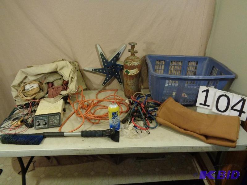lot 104 image: Aluminum Engine Fan, Old CB Radio, Small Carb...