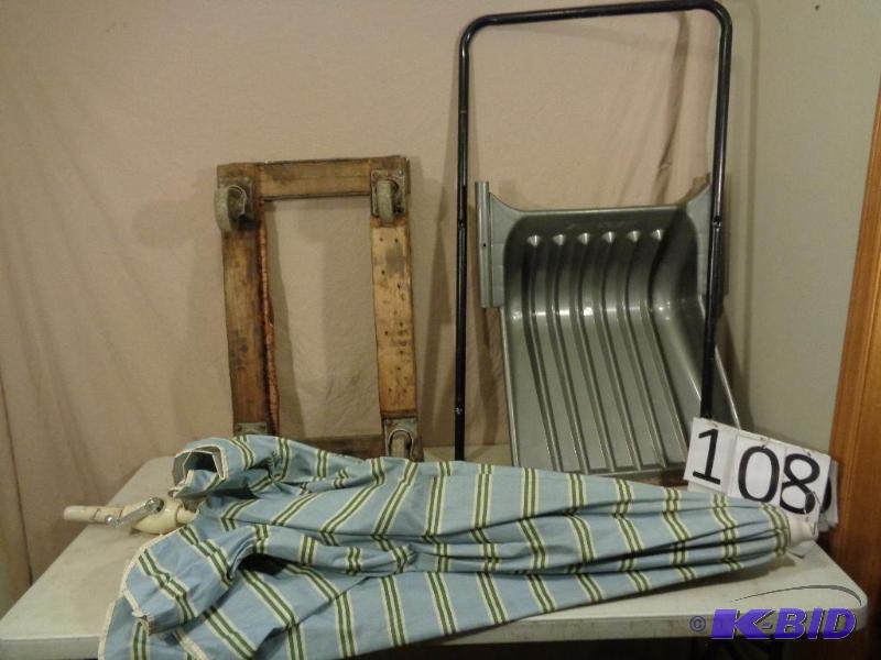 lot 108 image: Large Snow Shovel (needs fasteners), Wood Fur...