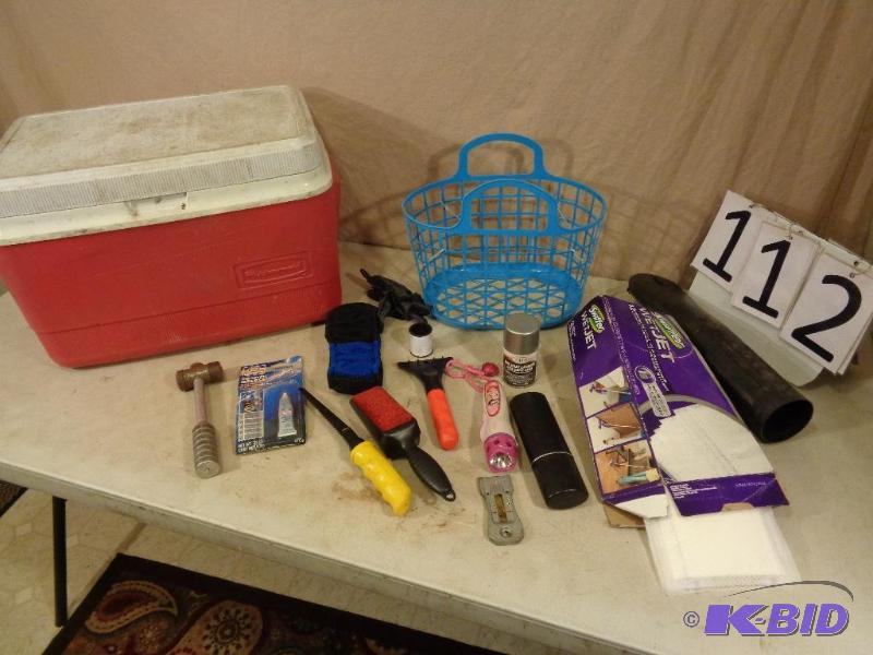 lot 112 image: Rubbermaid Cooler, Tools, Flashlight, Swiffer...