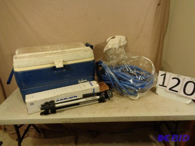 lot 120 image: Igloo Cooler, Garden Hose, and Camera Tripod....