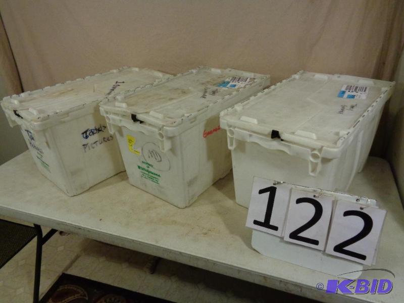 lot 122 image: Lot of 3 Totes with Latching Hinged Lids. App...