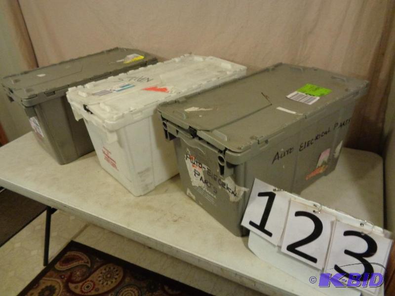 lot 123 image: Lot of 3 Totes with Latching Hinged Lids. App...