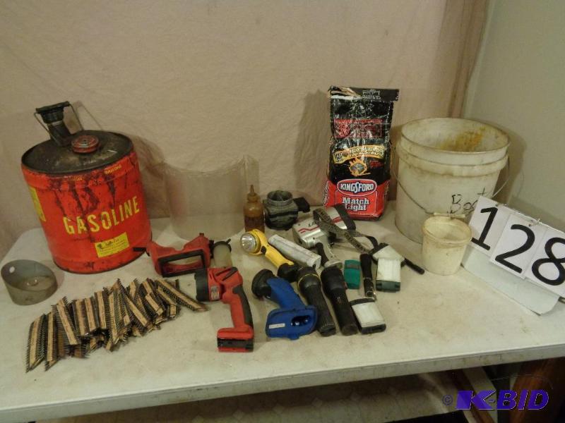 lot 128 image: Lot of Assorted Shop Items. Old Metal Gas Can...
