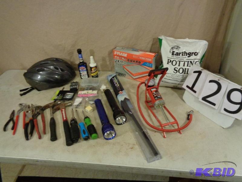 lot 129 image: Lot of Tools and Shop Items. Air Pump, Fram&n...