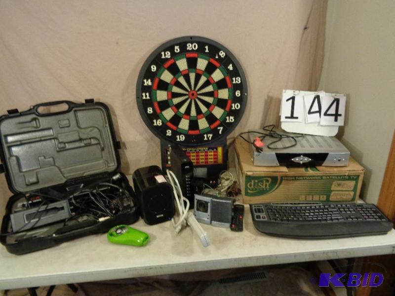lot 144 image: Dartboard, Dish Network Box, Panasonic VHS Vi...