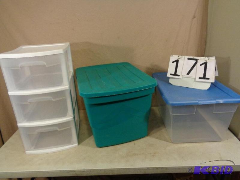 lot 171 image: 2 Totes with Lids and a 3 Drawer Organizer. A...