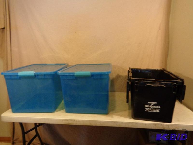 lot 184 image: Lot of 3 Assorted Totes with Lids. One has at...