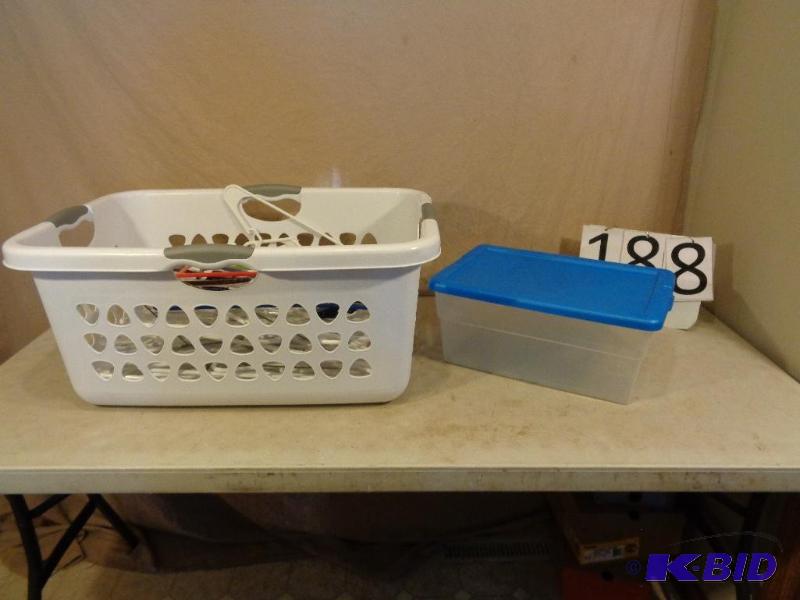 lot 188 image: Clothes Basket Full of Hangers and Storage To...