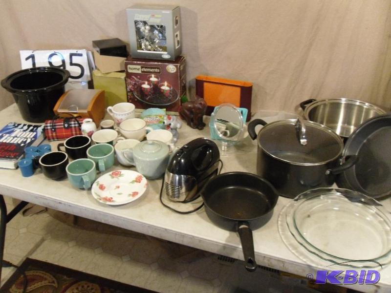 lot 195 image: Lot of Assorted Kitchen Items. Pots, Pans, Ha...