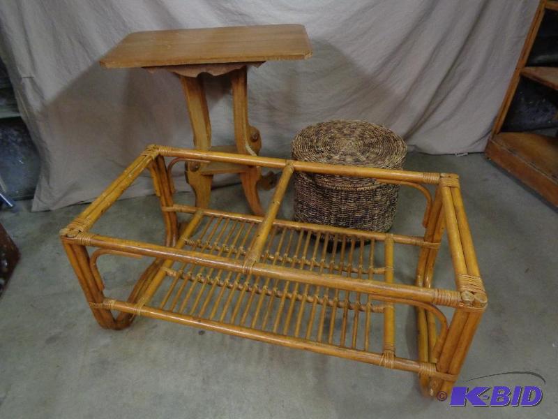 lot 19B image: Small wood table, wicker foot stool with stor...