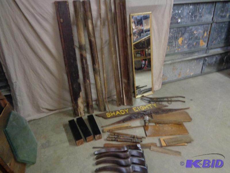 lot 20C image: Mirror, Old Wood Pieces, Wood Legs, MetalWoo...
