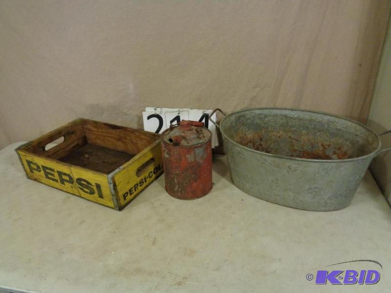 lot 214 image: Pepsi Crate, Little Gas Can, and Galvanized T...