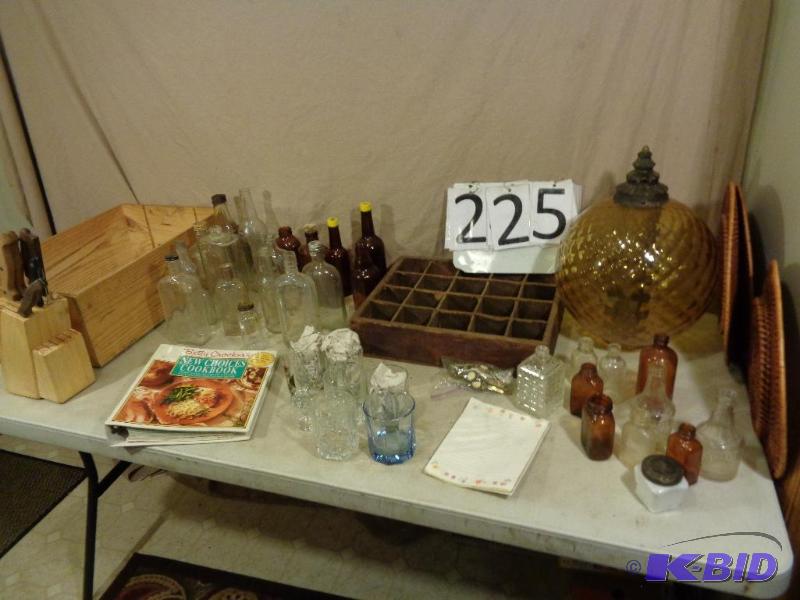 lot 225 image: Old Glass Bottles, Wood Crates, Old Hardware,...