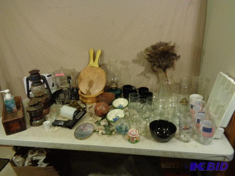 lot 227 image: Glasses, Oil Lamp, Lamp, Paddles, Shot Glasse...