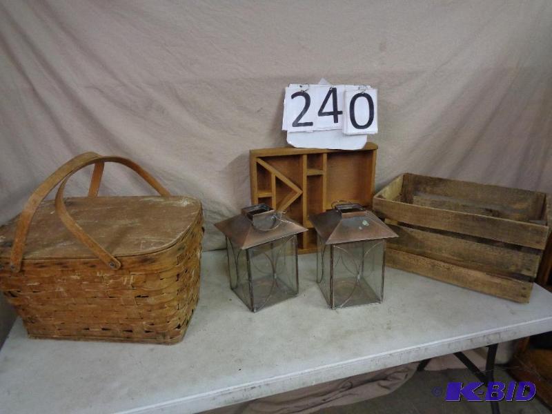 lot 240 image: Old Picnic Basket (needs tlc), Wood Crate, Wo...