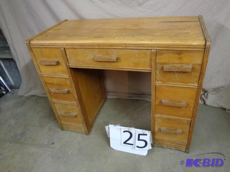 lot 25 image: 7 Drawer desk. Nice old wear and tear. Approx...