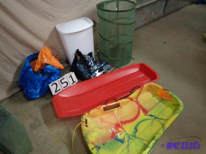 lot 251 image: Size 10 Rollerblades, Sleds, Laundry Hamper, ...