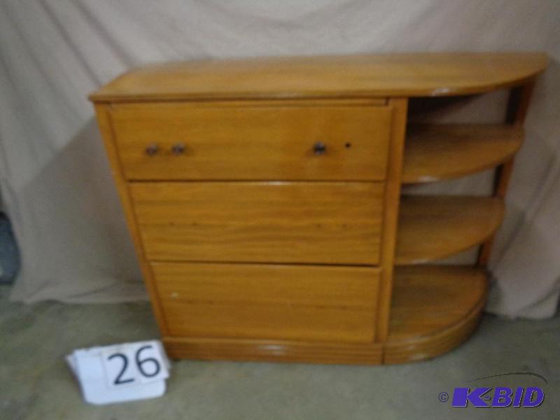lot 26 image: 3 Drawer dresser  shelf. Top drawer front fo...