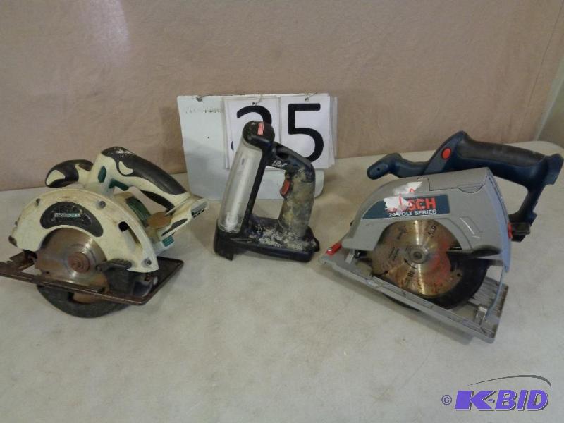 lot 35 image: Lot of 3 Battery Powered Tools. Bosch 24 Volt...