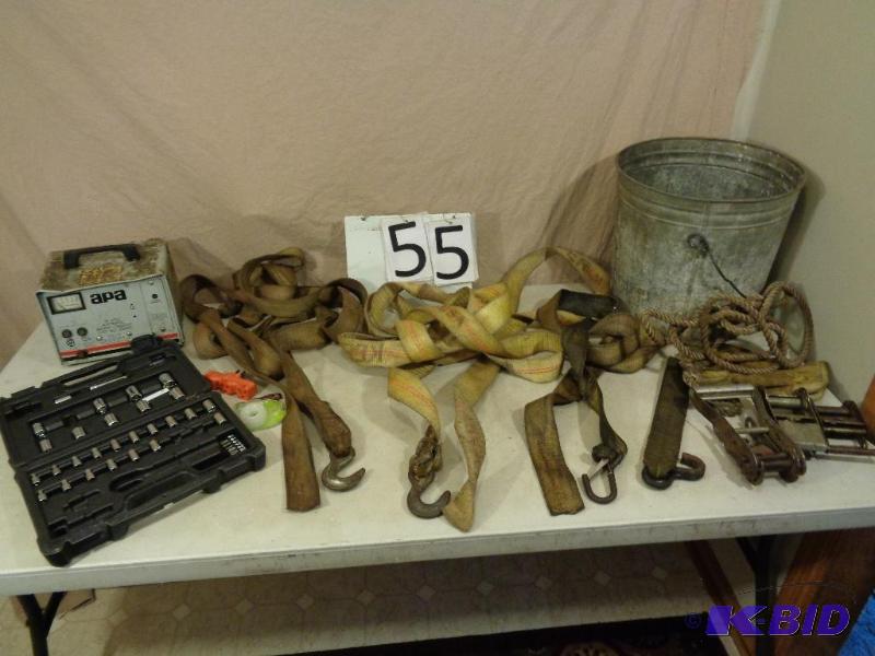lot 55 image: Lot of 3 Assorted Straps (hooks on one end), ...