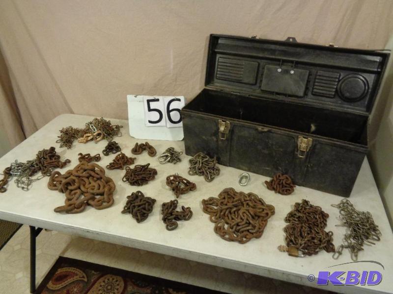 lot 56 image: Toolbox with Assorted Chains. Assorted Sizes ...