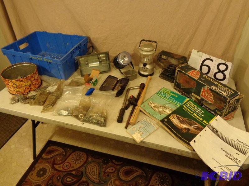 lot 68 image: Tote of assorted shop. Auto lights, lanterns,...