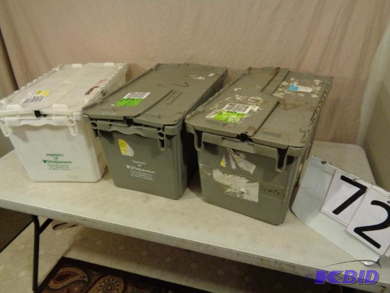 lot 72 image: Lot of 3 Totes with Latching Hinged Lids. App...