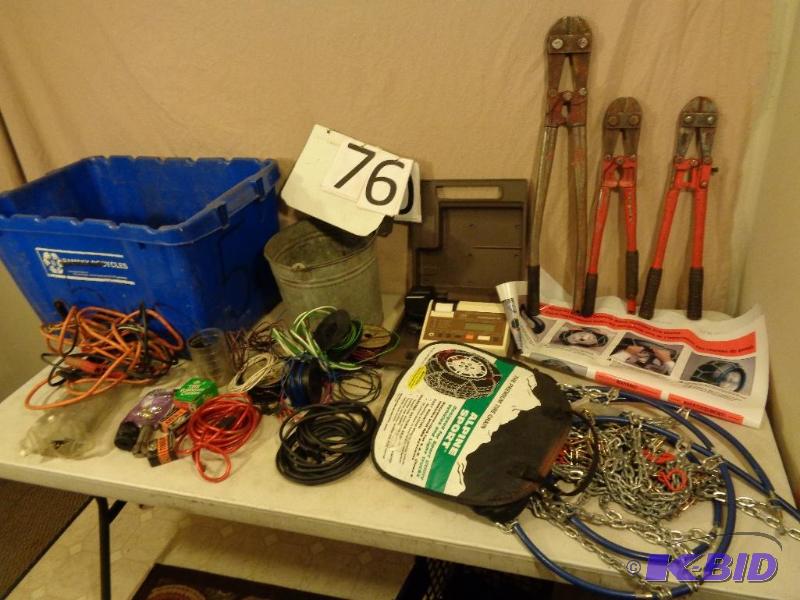 lot 76 image: SUV tire chains, bolt cutters, copper wire, m...
