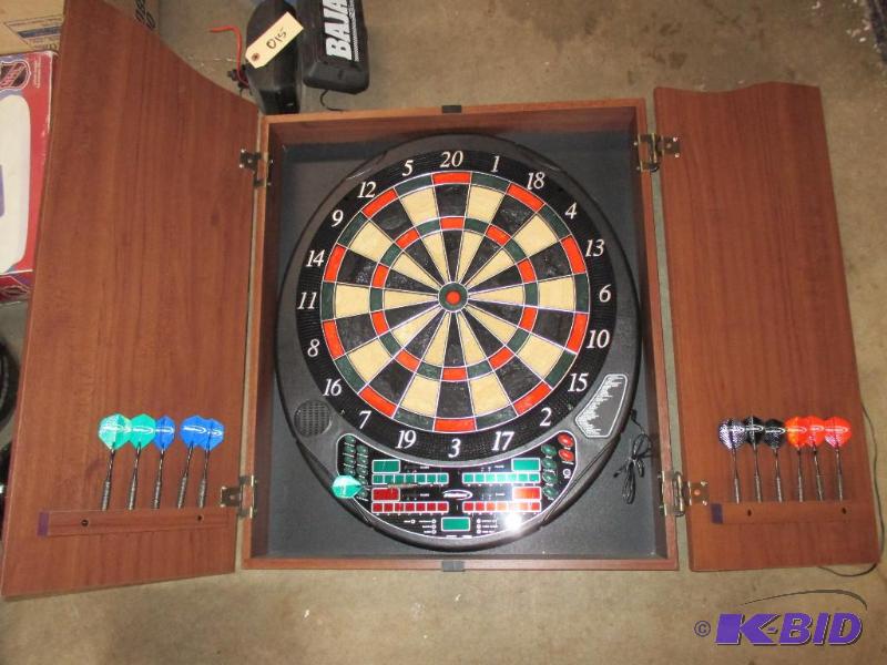 lot 13 image: Electronic dart board with cabinet and darts,...