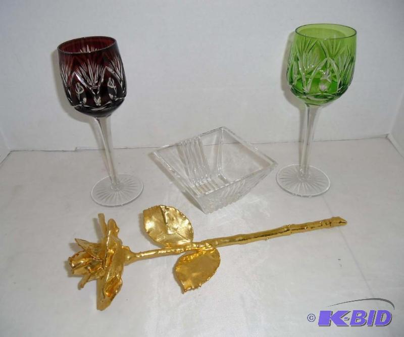 lot 1 image: Will You Accept this Rose  Crystal Tiffany Dish  Czech Cut Crystal Wine Glasses  Gold Rose