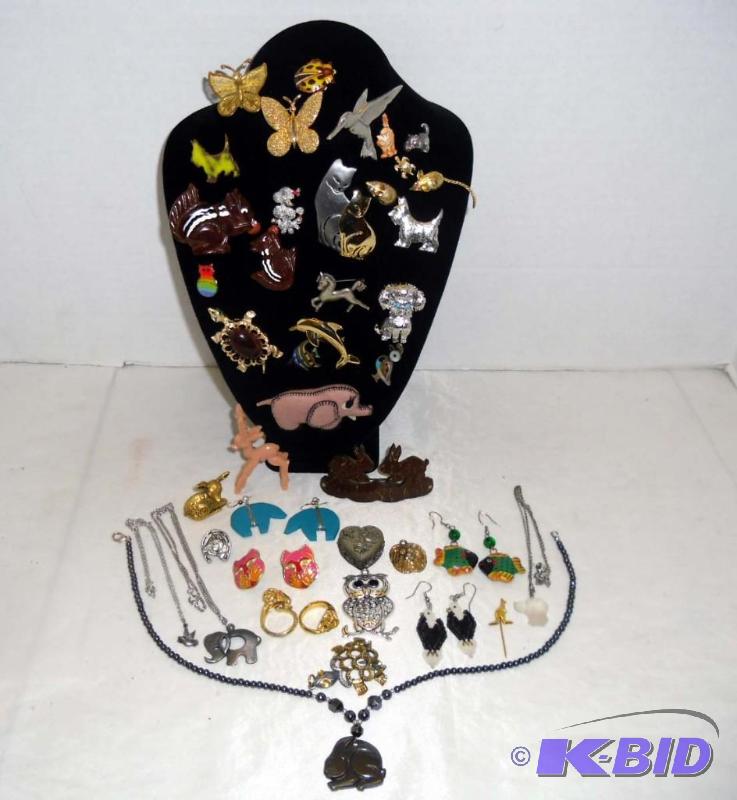 lot 2 image: Animal Lovers Jewelry All Necklaces, Pins, Rings, Pendant are Animals Dog Elephant Cat Turtle Owl