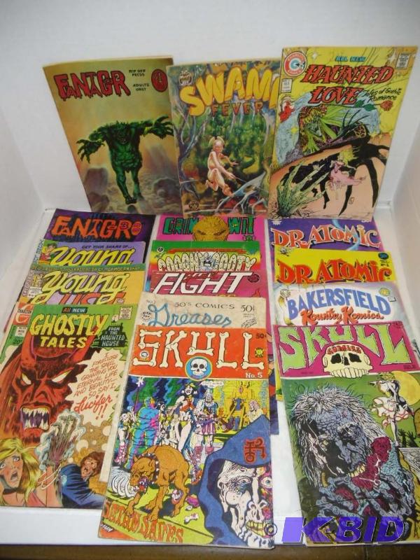 lot 21 image: Horror Adult Comics - Vintage 1970s  Skull,  Hunted Love, Grim Wit,  Dr Atomic  More
