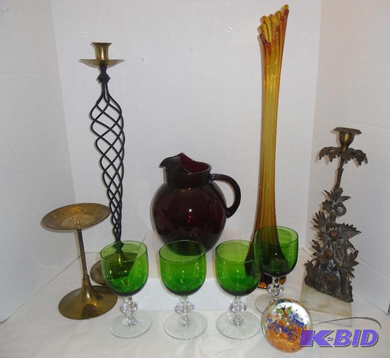 lot 24 image: Vintage Glass & Brass  Viking tall Vase  Cranberry Red Pitcher 
