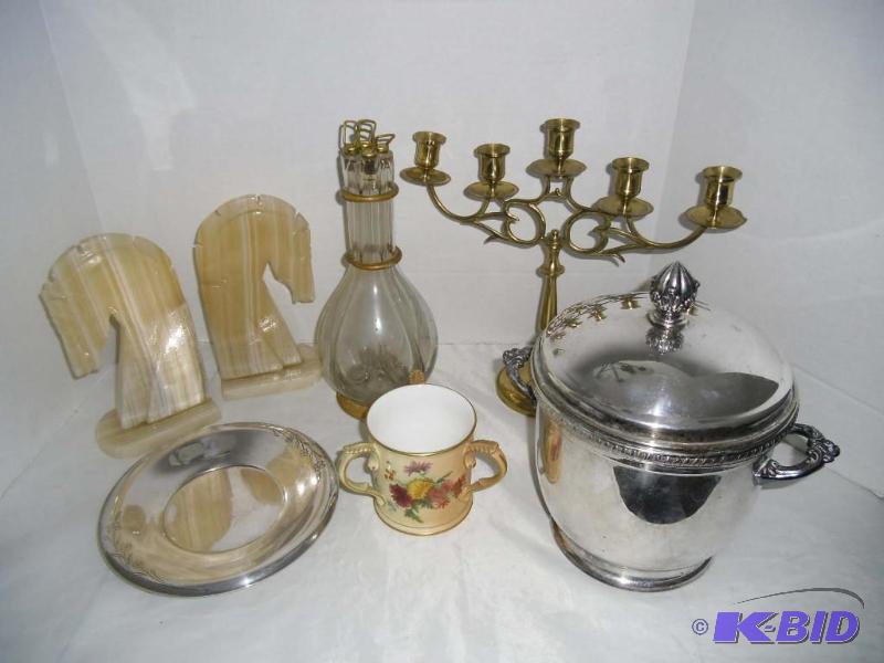 lot 25 image: Estate Classics - Silver Ice Bucket  Glass DecanterFrance  Horse Book Ends  3 Handle English Mug