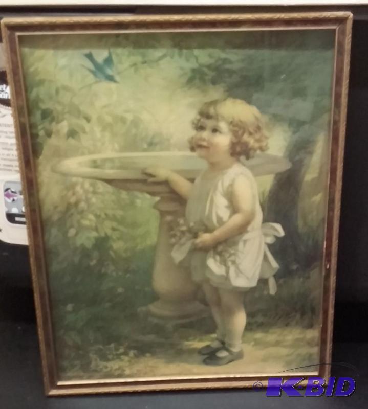 VINTAGE Girl and Bird Bath Picture 10 x 13...