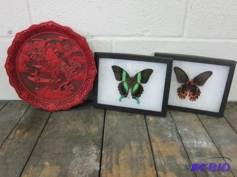 Decorative Plate and 2 Framed Butterflies