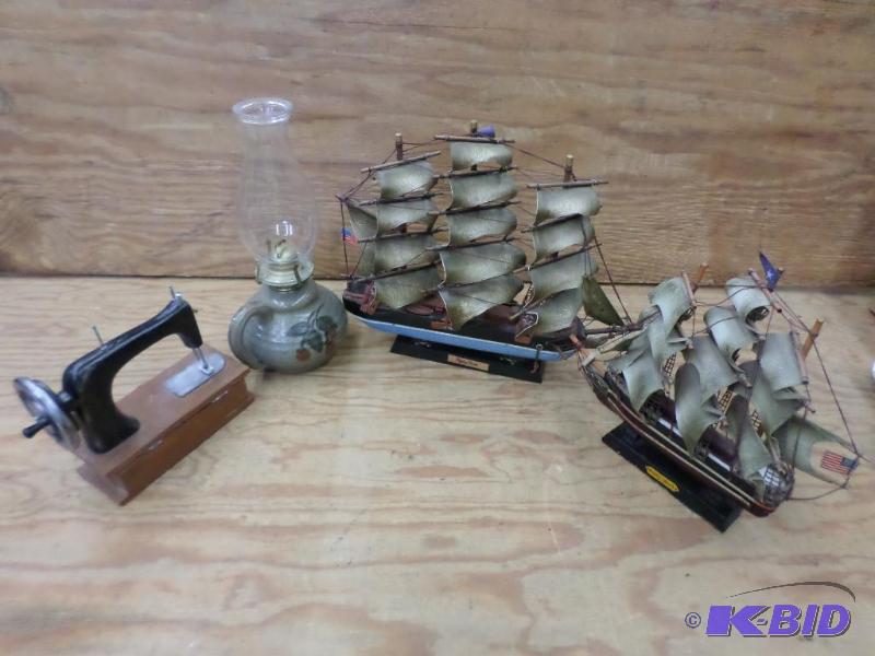 Lot Of (2) Model Ships &amp (1) Sewing Machi...