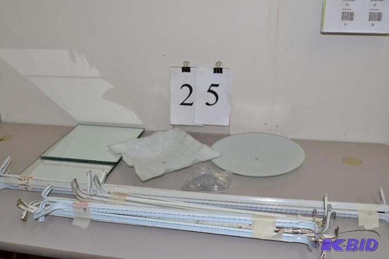 lot 25 image: glass light fixture covers, curtain rods