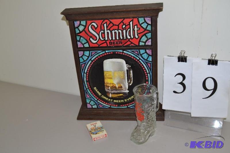 lot 39 image: vintage Schmidt sign, boot mug and playing cards