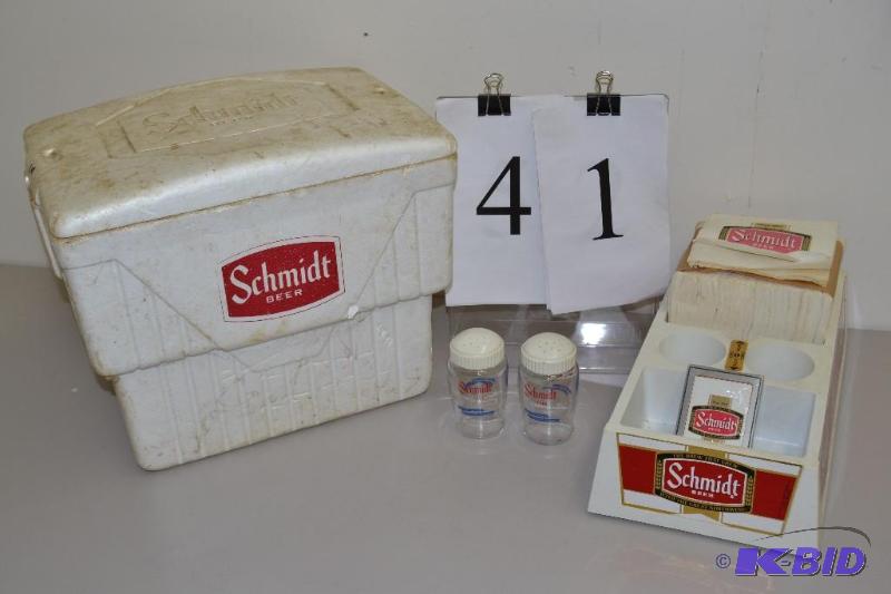 lot 41 image: Schmidt logo bar table tray, with contents and styrofoam cooler