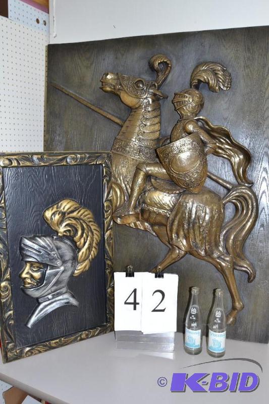 lot 42 image: Knight wall dcor and 2 Viking glass pop bottles
