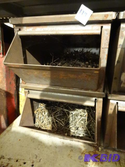 lot 129 image: 2 Stackable Hardware Bins Metal. Misc Nails...