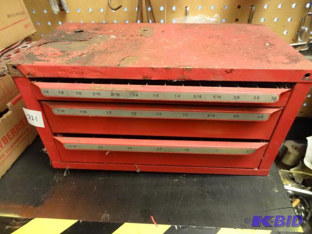 lot 221 image: Metal Drill Bit Bin Includes Some Drill Bits...