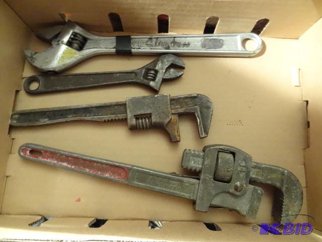 lot 69 image: 2 Adjustable Wrenches and 2 Vintage Pipe Wren...