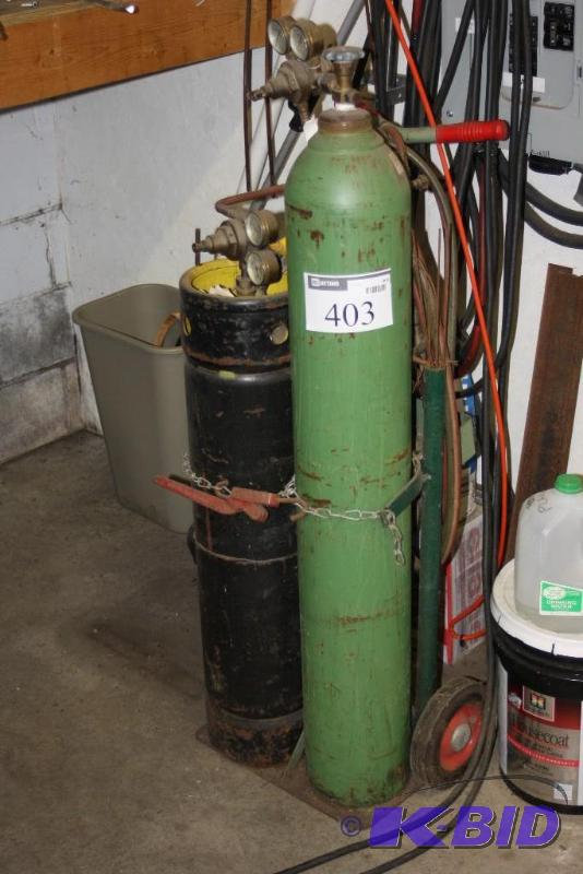lot 403 image: Cutting Torch wTanks Gas Pressure Gauges Adapter & Tubing Includes 2 Tanks.