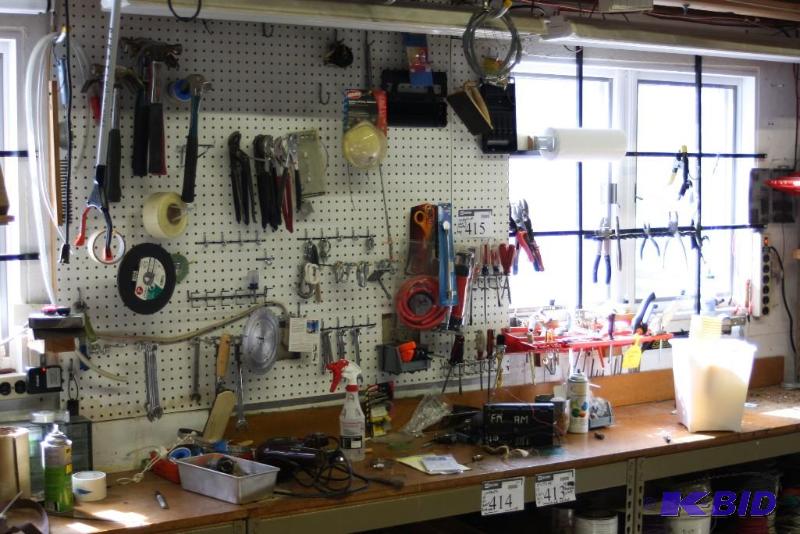 lot 415 image: Contents of Wall & Counter Including Screwdrivers Wrenches Hammers And More.