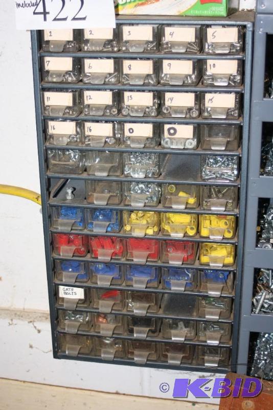 lot 422 image: Storage Cabinet wDivided Drawers Including Contents Wire Caps Screws Bolts And More.