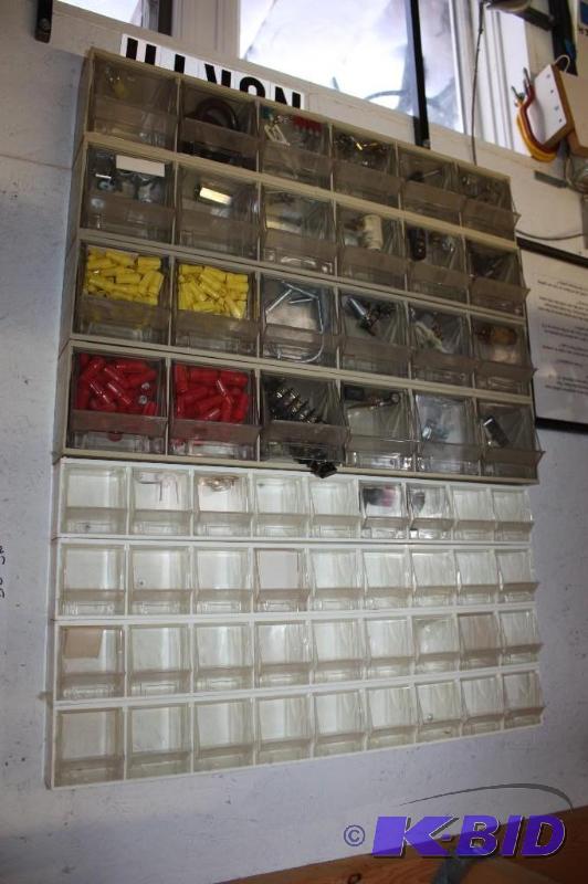 lot 431 image: Lot of (2) Storage Cabinet wDivided Drawers Including Contents Wire Caps Electrical Outlets